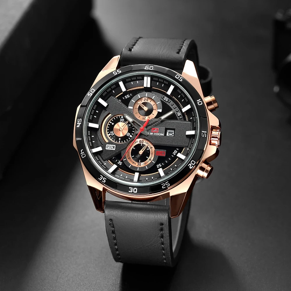 Top Men Watch Sports Style 46mm Large Leather Racing Style Casual Fashion Original Black Rose Gold Calendar Quartz Watch Relogio